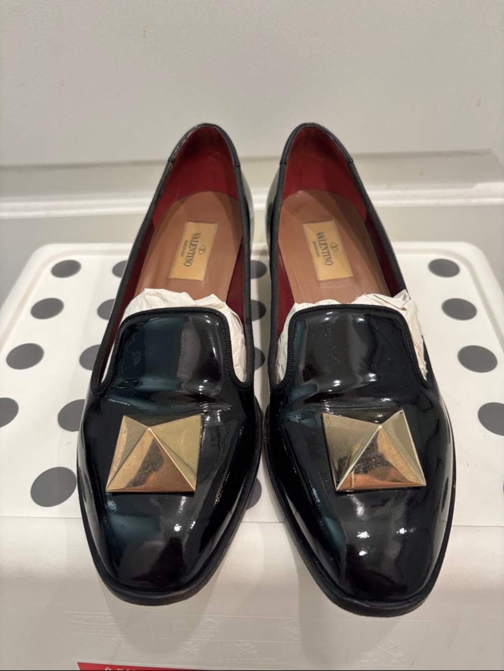 Valentino Black Patent Leather Loafers with Gold Rivet Detail